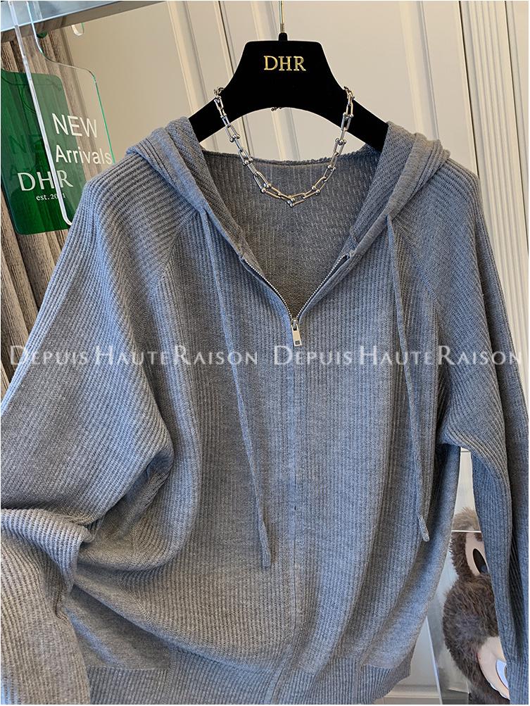 Plain Color Zipper Hooded Knit Jacket - Women's Casual Early Autumn Style