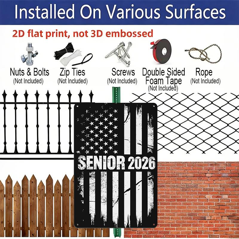 2D Flach, 1 Stück "Senior 2026" USA Flagge Aluminiumschild - 8"x12" Abgenutzt Schwarz-Weiß Patriotisches Senior-Dekor, Perfekt für 2026 Abschlussgeschenke