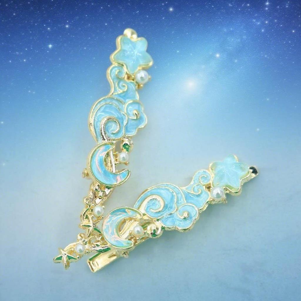 Dreamy Blue Fishtail Pearl Duckbill Clip for Fine Hair with Star Moon Design
