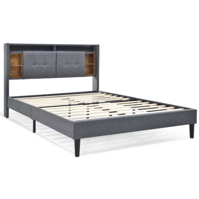 Lit De Rangement Rembourré Avec Chargeur USB Et Éclairage LED Sommier À Lattes En Bois, 140*200CM Gris (avec Matelas)