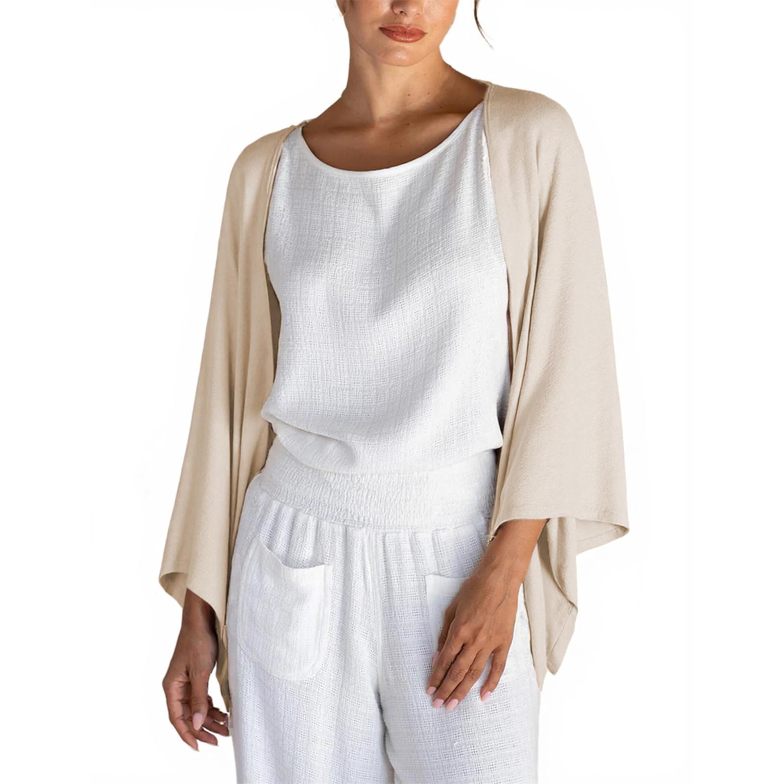 

Женский льняной кардиган с рукавом 3/4, открытый спереди, свободный, легкий M бежевый