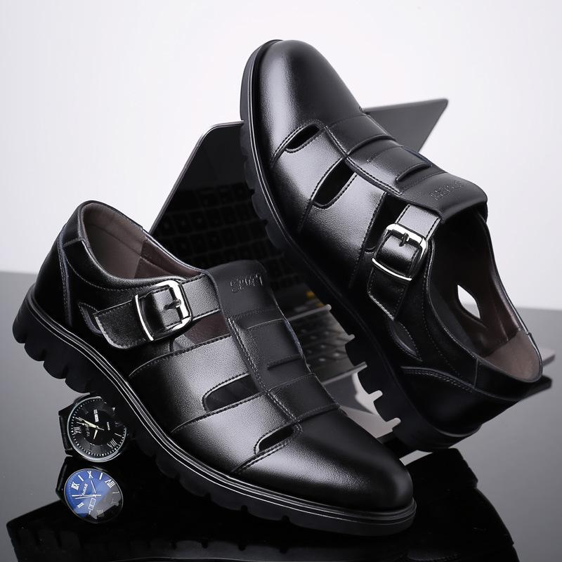 Men'S Cowhide Sandals Men'S Casual Leather Shoes Hollow And Breathable Middle-Aged And Elderly Bag Head Hole Shoes Genuine Leather