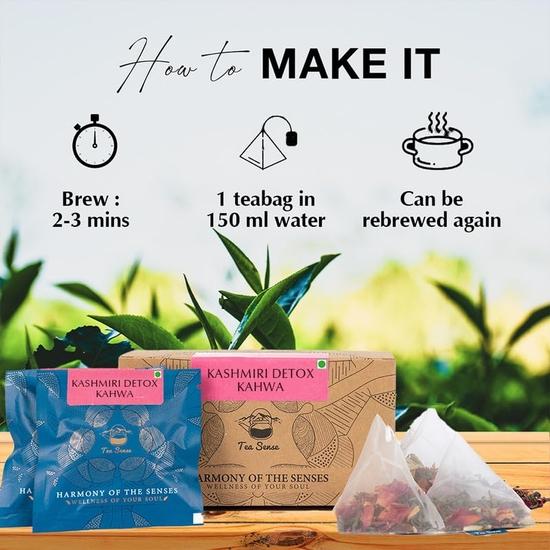 TEA SENSE Kashmiri Detox Kahwa | 15 Stück | Pyramiden-Teebeutel in versiegelten Beuteln | Frischer Grüntee, Kaschmir-Safran, Mandeln & mehr | Kann wiederholt aufgegossen werden