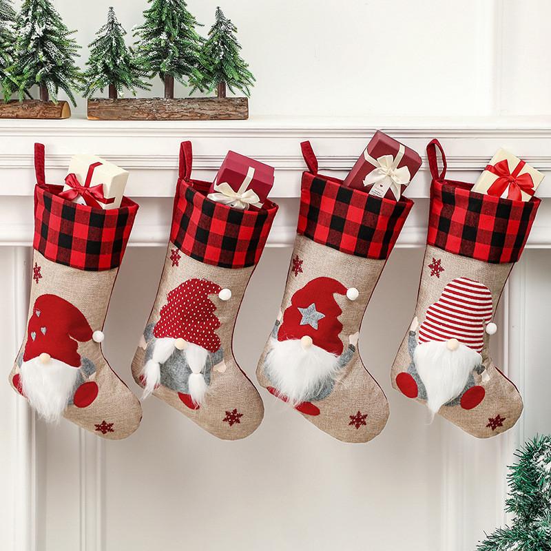 Christmas Decorations Linen Cartoon Children Gift Stocking Window Decoration