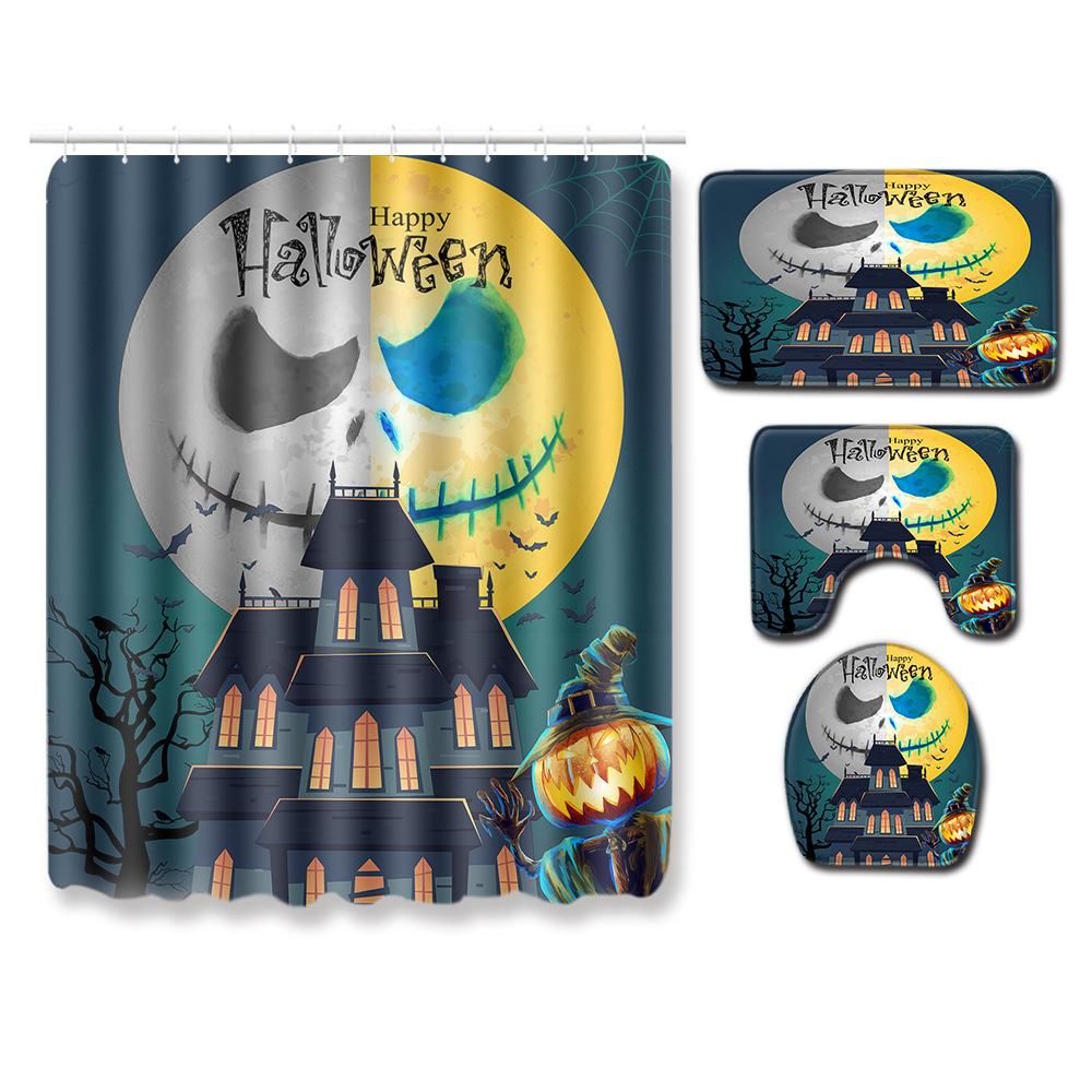 Halloween Shower Curtain Floor Mat Combination Four-Piece Set Bathroom Toilet Carpet Shower Room Foot Mat