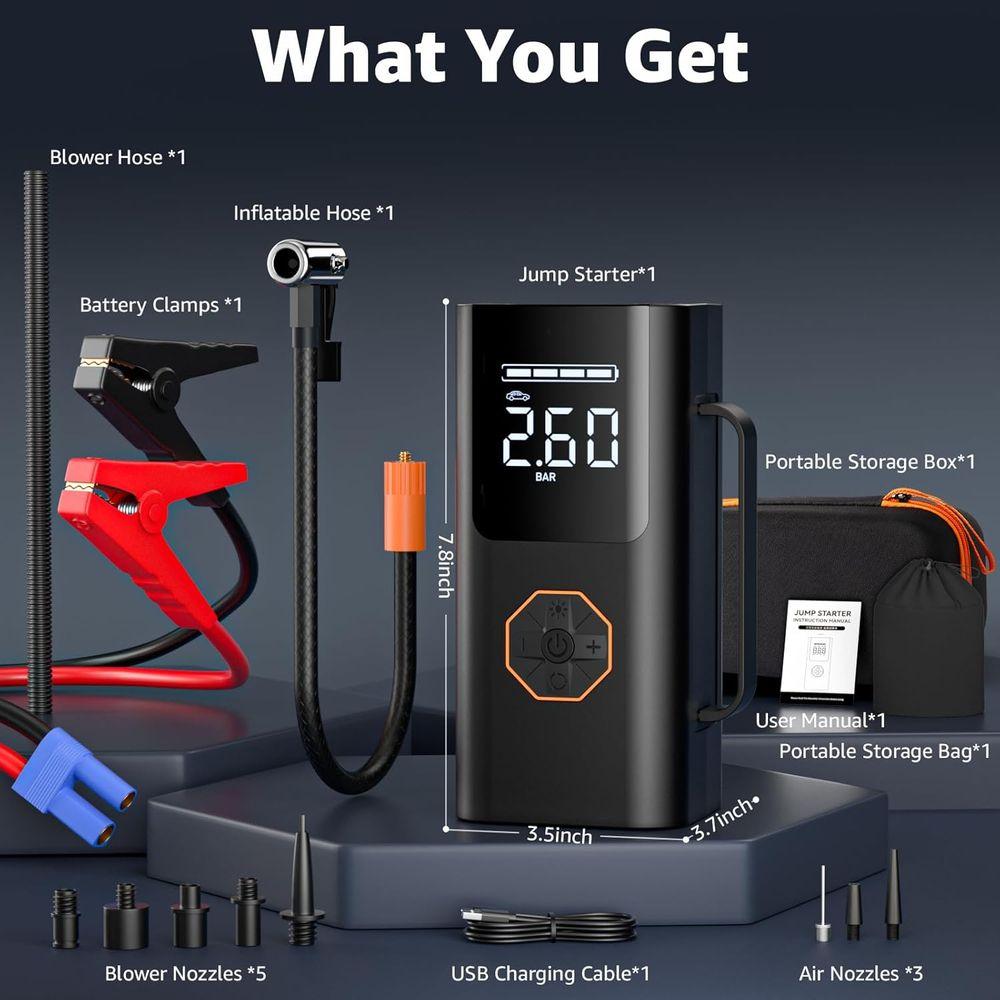 12V 5500A Multi-Function Jump Starter with Air Compressor, Tire Inflator, LED Light, and LCD Display