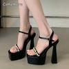 15CM High Heels for Ladies Fashion Black Sandals Platform Square Toe Crystal Buckle Strap Nightclub Party Sexy Shoes Tacones