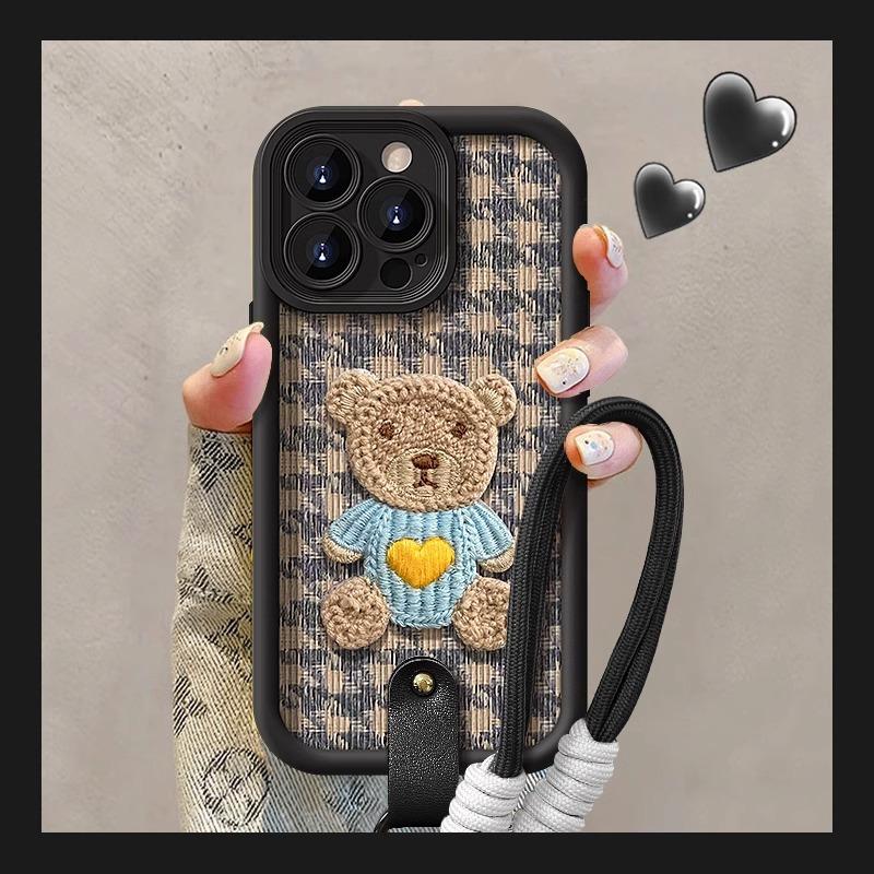 Cute Bear Doll Lanyard Suitable for Apple 16PRO Mobile Phone Case 15/14 Silicone Lambskin 13 Full Cover Anti-fall