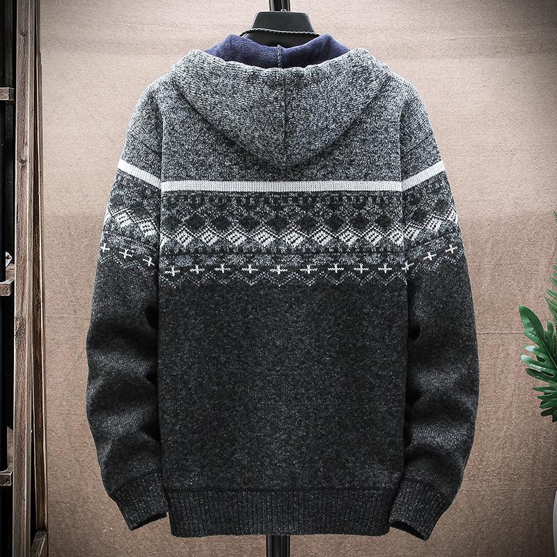 Men's Korean Style Hooded Knitted Sweater Jacket - Color Block, Plus Velvet, Autumn/Winter