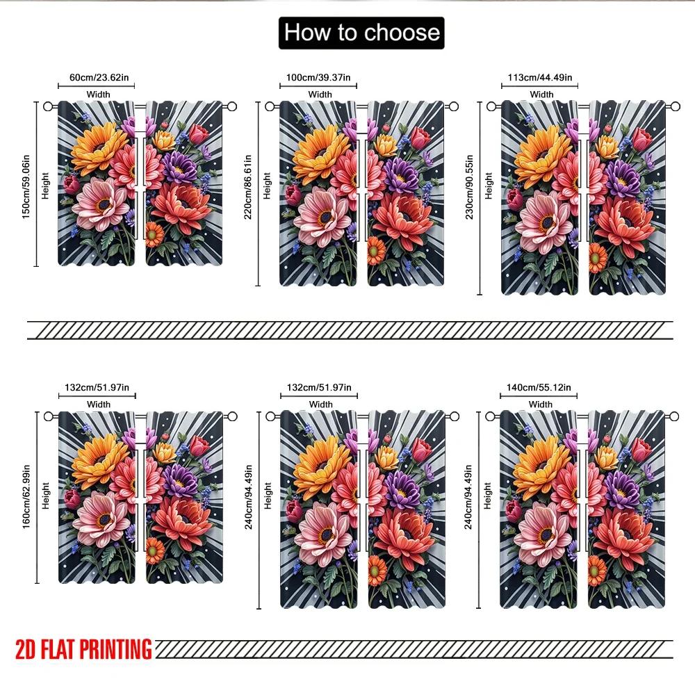 Set Of 2 Flat Printing Curtain Vibrant Floral Garden Polyester Digital Printed Drapes Family Party Use Indoor Outdoor