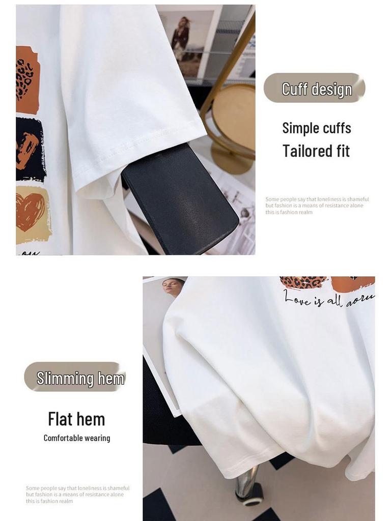 Plus Size Women's Mid-Length Loose Fit Round Neck Short Sleeve T-Shirt (200/300/350 Jin)