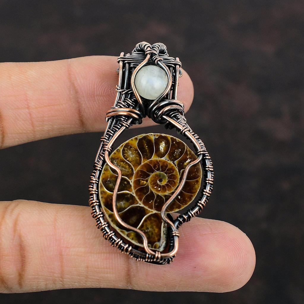 Ammonite Fossil Pendant Copper Wire Wrapped Pendant Moonstone Gemstone Pendant Handmade Copper Wire Wrap Jewelry Designer Pendants For Gift
