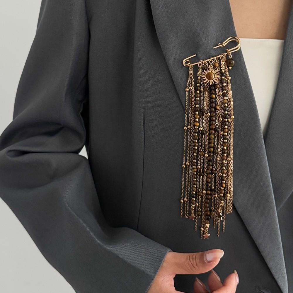 Paper Clip Shape Golden Beaded Tassel Brooch Light Luxury Style Tassel Ornaments Girl Gift