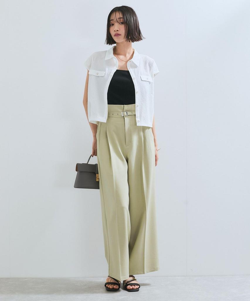 New Color Added to the Belt Detail Tuck Wide Slacks Pants Light Green S [BIS] [Wrinkle-Resistant/Cool Touch] (33)