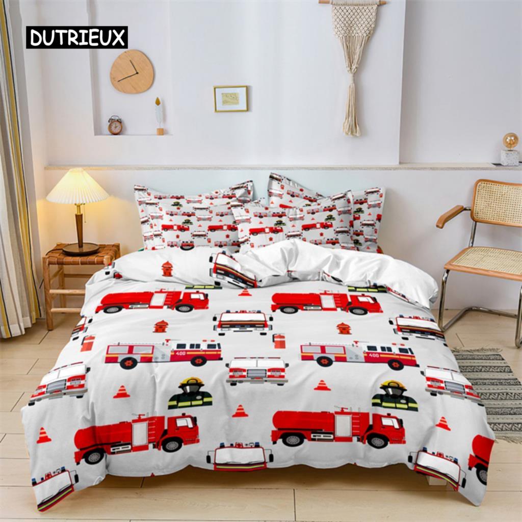 Boys Cartoon Car Duvet Cover Bedding Set Construction Vehicles Comforter Cover Kid Cartoon Machinery Truck Soft Polyester Decor