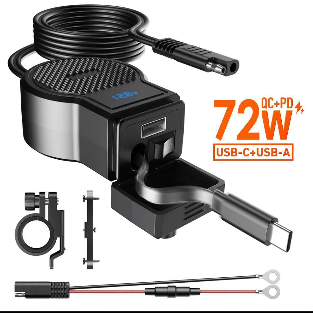 72W 12V Motorrad USB-Steckdose Typ-C Einziehbarer Ladeadapter Netzteil Doppelanschluss PD+QC3.0 mit Schalter Wasserdichtes Digitales Voltmeter