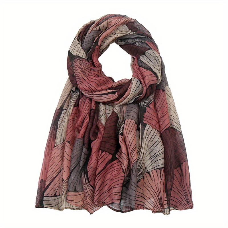 Leaf Print Polyester Muslim Scarf Year Round Vintage Color Block Bohemian Shawl Women's Warm Hijab Scarf