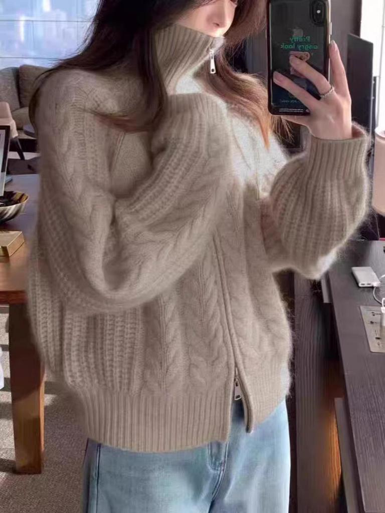 Women's Heavy Cable Knit Wool Cardigan - High Neck Raglan Sleeve, Thick Five-Needle, Loose Zip-Up Sweater