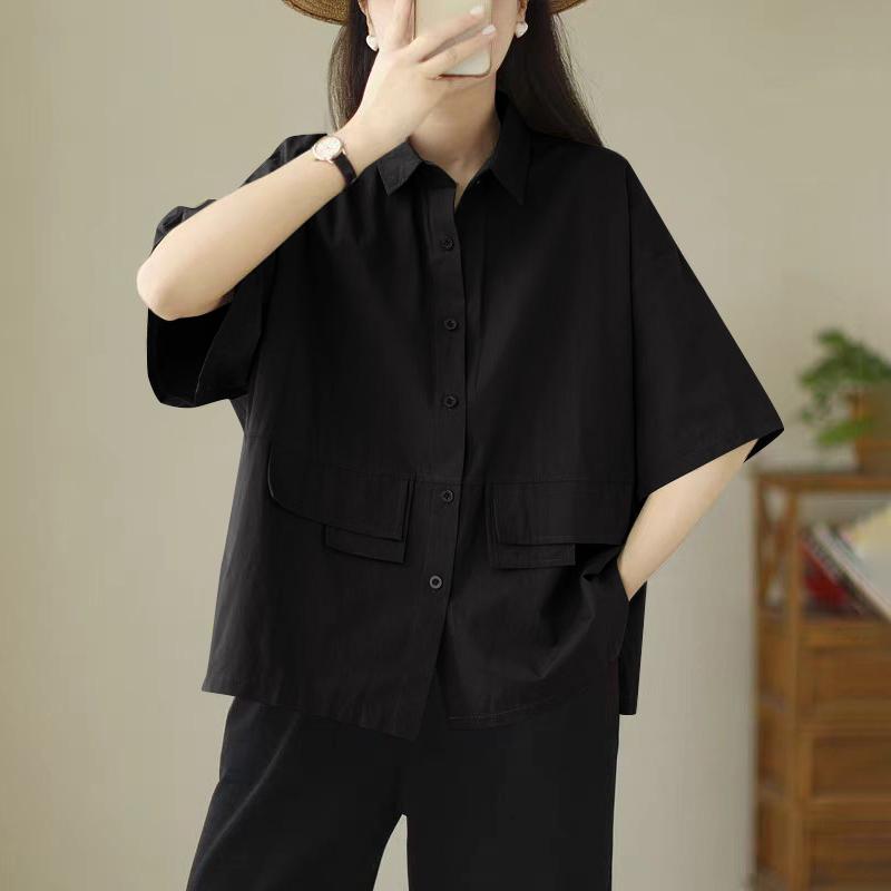 

ZANZEA Женская повседневная летняя свободная блузка с отложным воротником и коротким рукавом 5XL чёрный