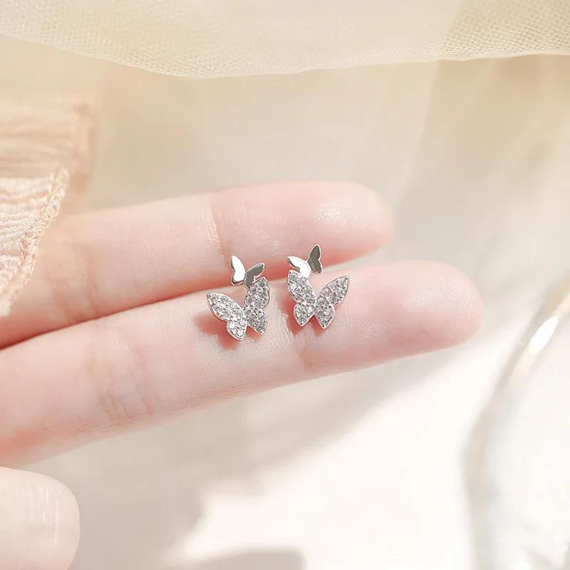 Simple Earrings 925 Sterling Silver Double Butterfly Earrings Shiny Zircon Double Bow Allergenic Pendientes Needle Fine Jewelry
