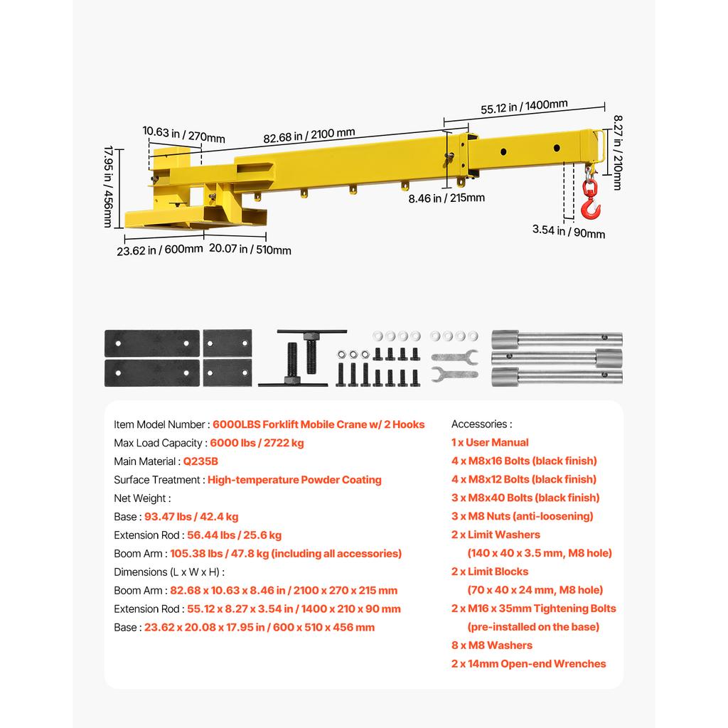 SucceBuy 6000lbs Adjustable Forklift Jib Boom Crane Manual Telescoping Boom Extends Up to 56.1 in Mobile Crane for Warehouse