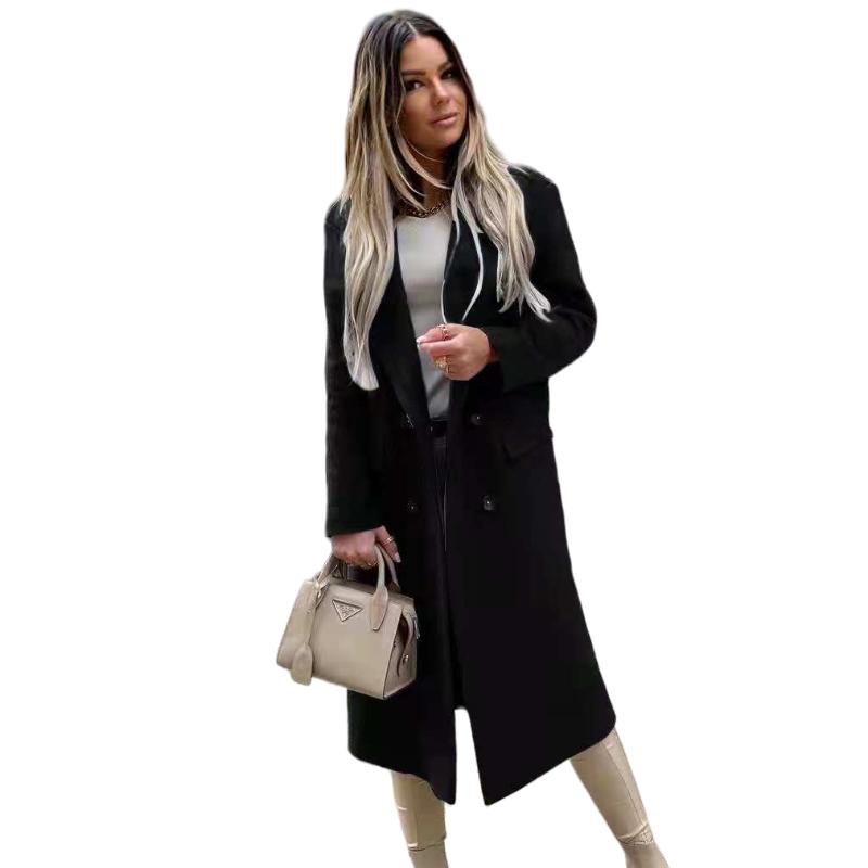 

Осенне-зимний новый модный костюм с длинным рукавом и воротником, двубортное никелированное пальто для женщин S чёрный