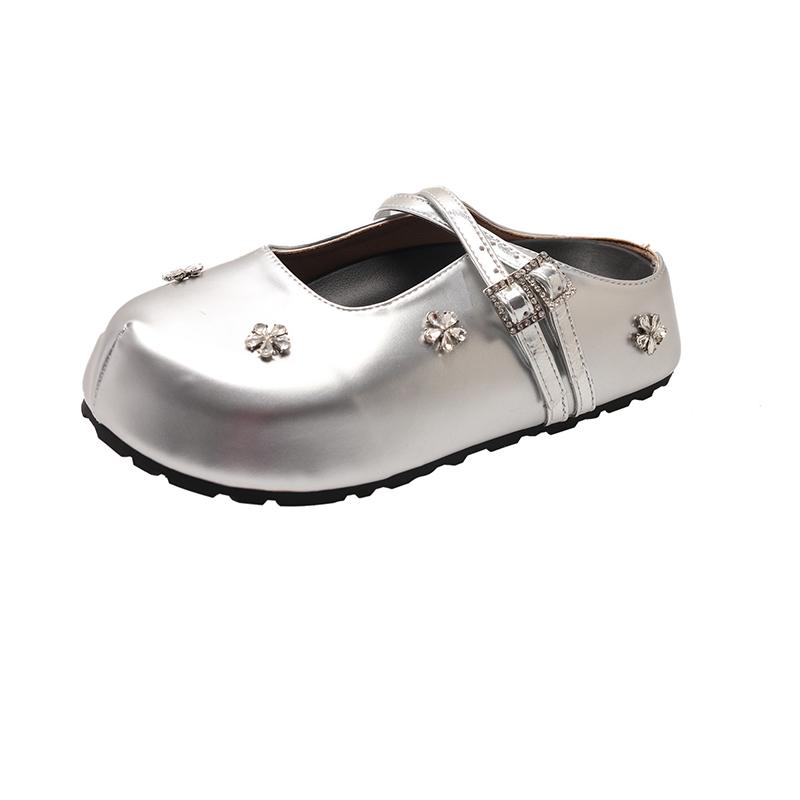 Fashion Spring 2025 Fashionable Simple Diamond Flower Head Cover Semi Slip-On Flat Bottom Round Toe  Women's Casual Shoes