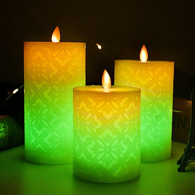 3-Pack Colorful LED Candle Colorful Hollow Pattern Electronic Candle 10 12.5 15cm for Home Wedding Hotel Decoration LED Candle