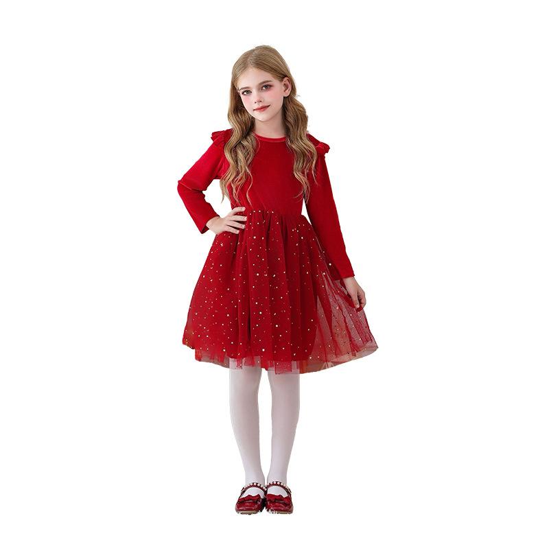 Girls Long Sleeve Red New Year Christmas Clothing Star Mesh Dress Princess Dress Performance Clothing Children's Clothing