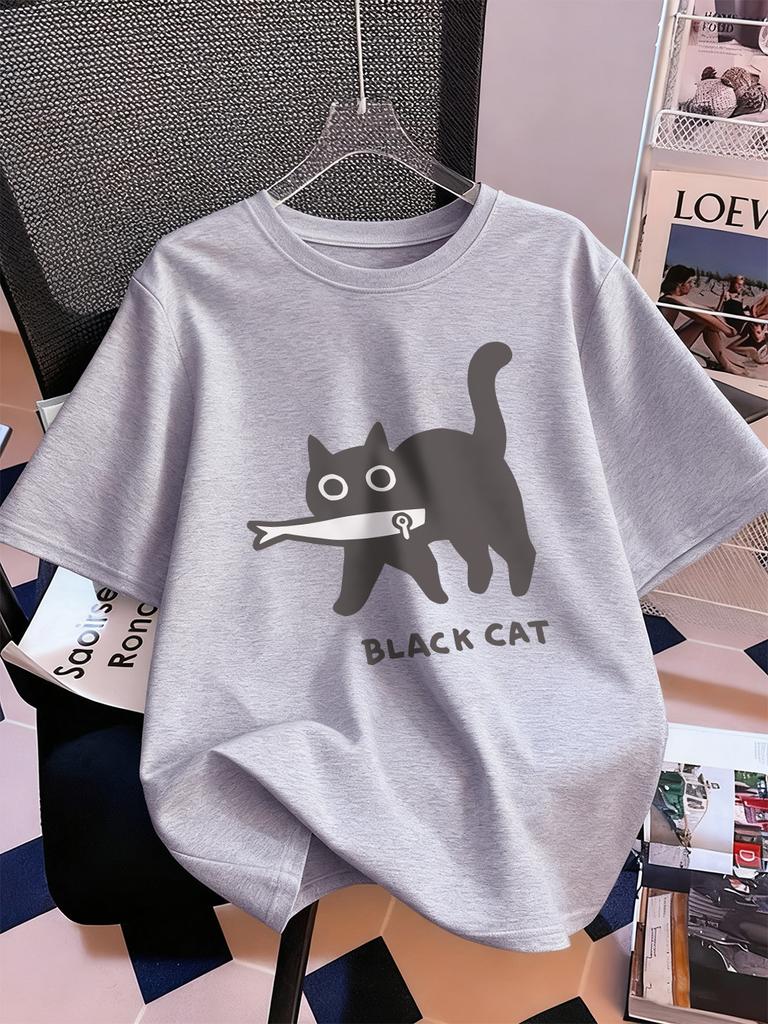 Cartoons Black Cat Prints Short Sleeve T-Shirts Womens Cotton Summer Tee Shirts Soft Loose O-Neck Tops Street Womans Clothes
