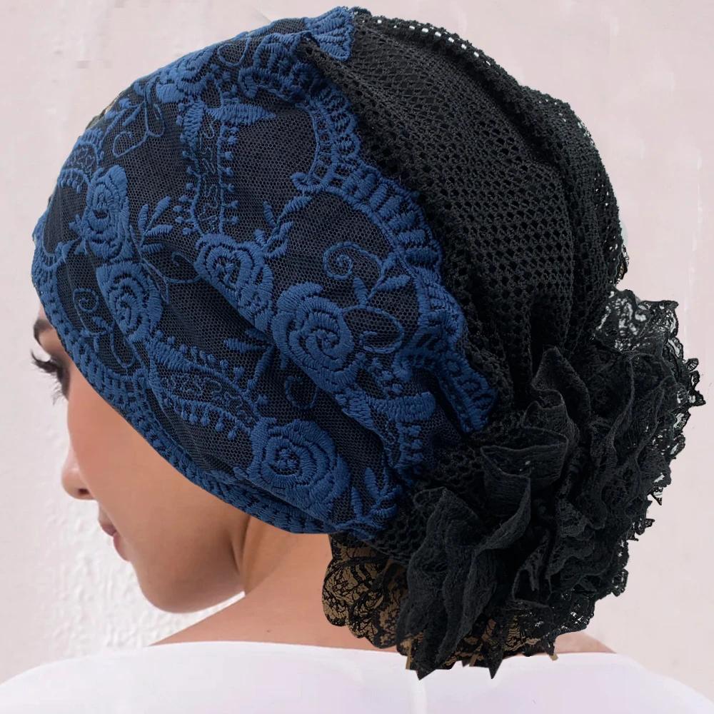 Embroidery Lace Turban Cap for Women Summer Breathable Head Wraps Bonnet