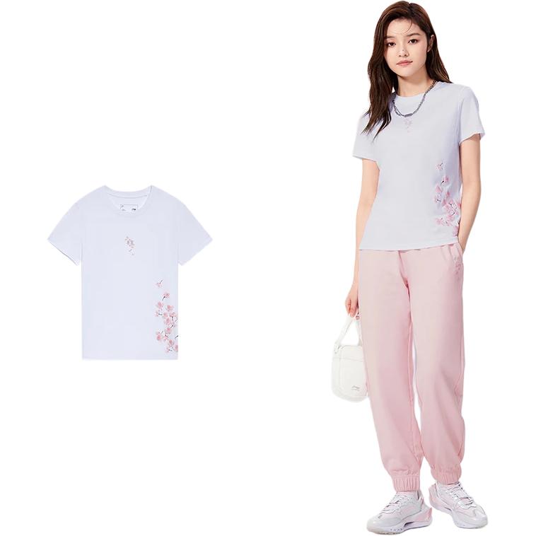 Li Ning Sports Fashion Series SS22 - Cherry Blossom Series Casual Breathable Cherry Blossom Print Round Neck Short Sleeve T-Shirt Women Tops AHSS914-1