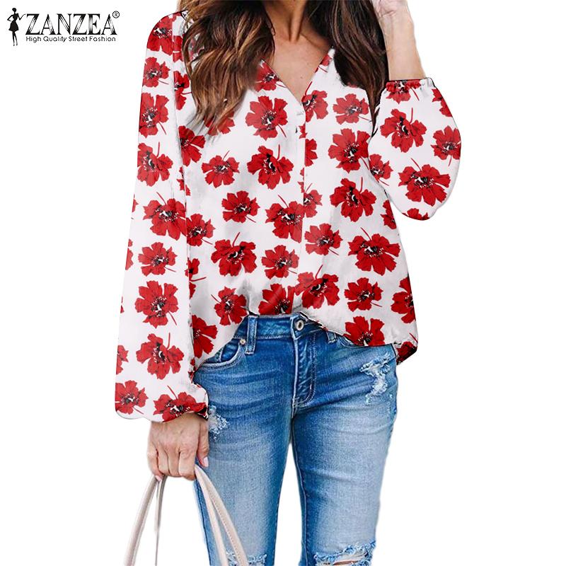 

ZANZEA Женская повседневная летняя блузка с v-образным вырезом и длинным рукавом с цветочным принтом