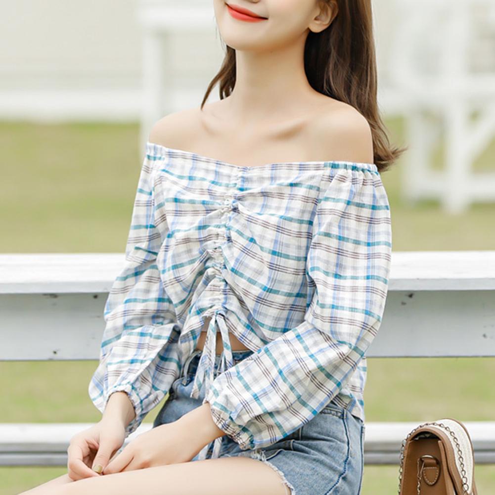 Buy Women Summer Plaid Off Shoulder 