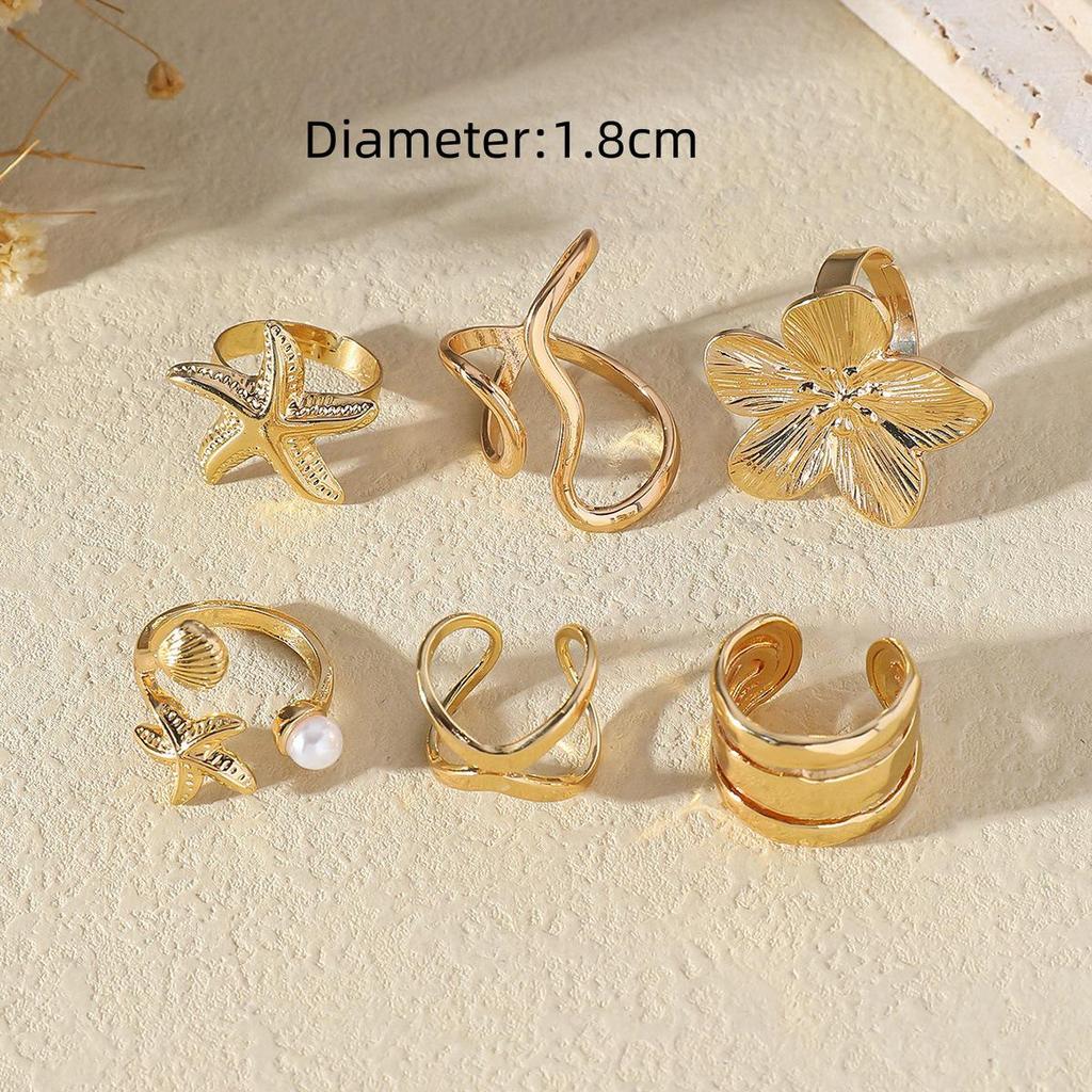 Ocean-Inspired Women's Alloy Ring Set: Starfish & Shell Design