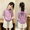Girls' Striped Cotton T-Shirt & Shorts Set for Ages 6-12 – Summer Loose-Fit Two-Piece Outfit