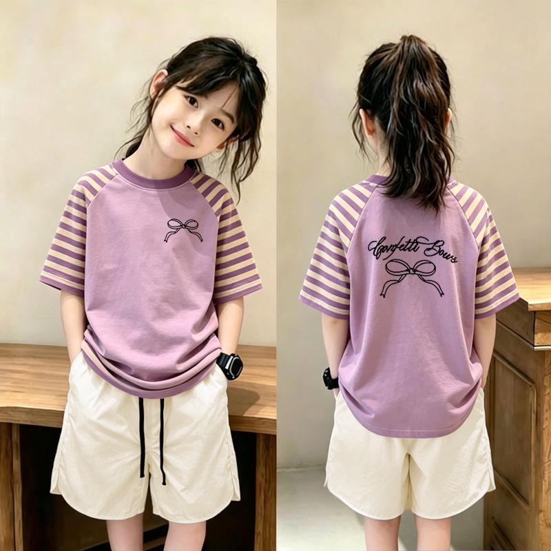 Girls' Striped Cotton T-Shirt & Shorts Set for Ages 6-12 – Summer Loose-Fit Two-Piece Outfit