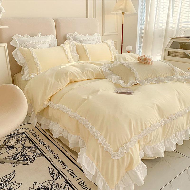 Korean Princess Lolita Bed 4-Piece Set Solid Washed Cotton Breathable Bed Sheet Duvet Cover Bedding Set with Lace