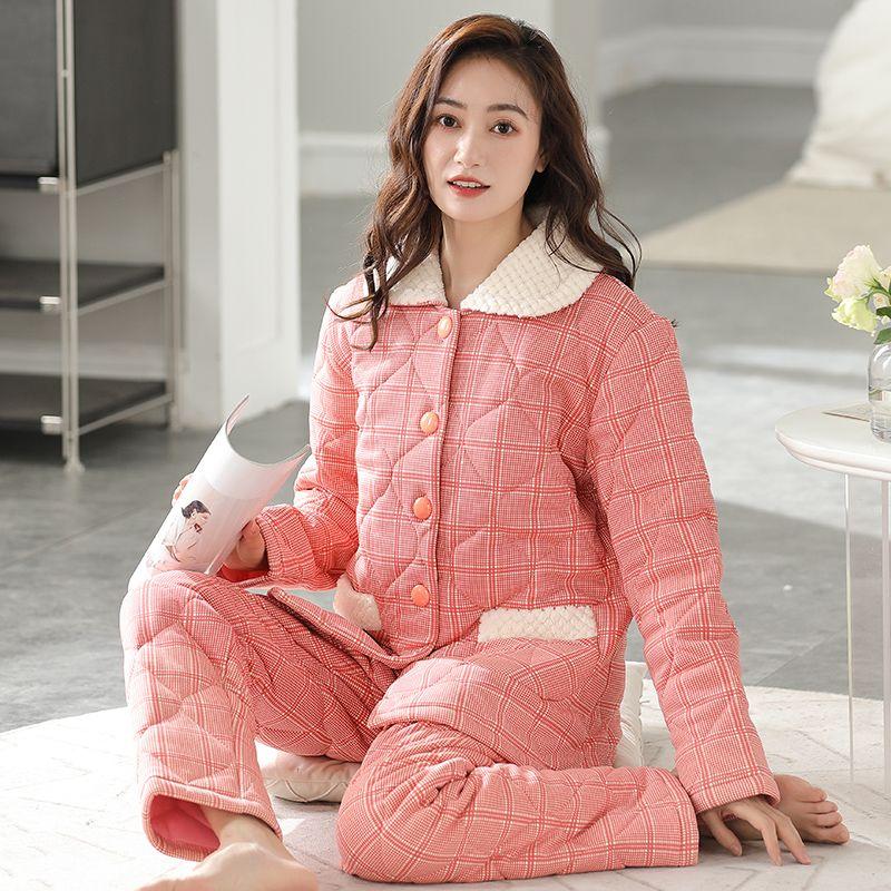

Очень плотная пижама женская осень-зима 100% хлопок с подкладкой домашняя одежда для среднего возраста домашний костюм с V-образным вырезом сетчатая пижама 3XL