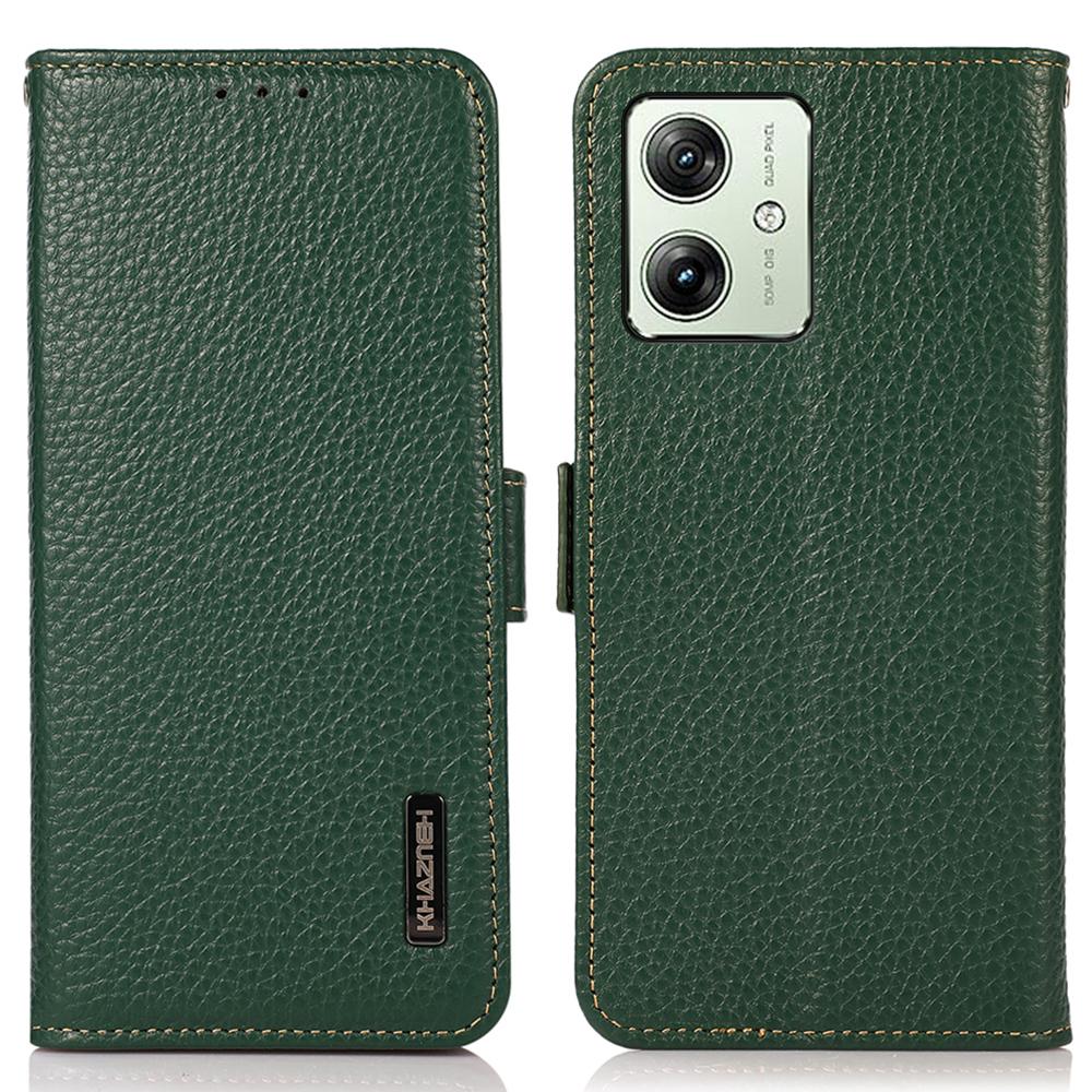 

For Motorola Moto G64 5G Phone Case RFID Blocking Genuine Cow Leather Flip Cover Green