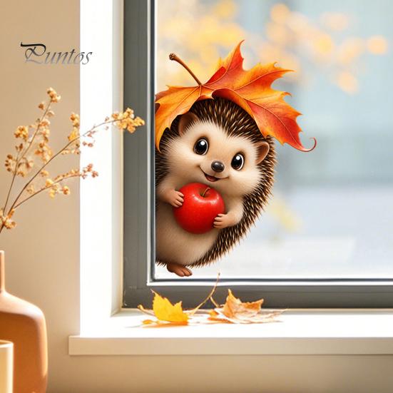 Transparente Fensterfolie Herbst Statische Aufkleber, Herbst Igel Ahornblatt Glasaufkleber, Wiederverwendbare Dekorationen PVC Aufkleber für Zuhause, Geschäft Schaufenster