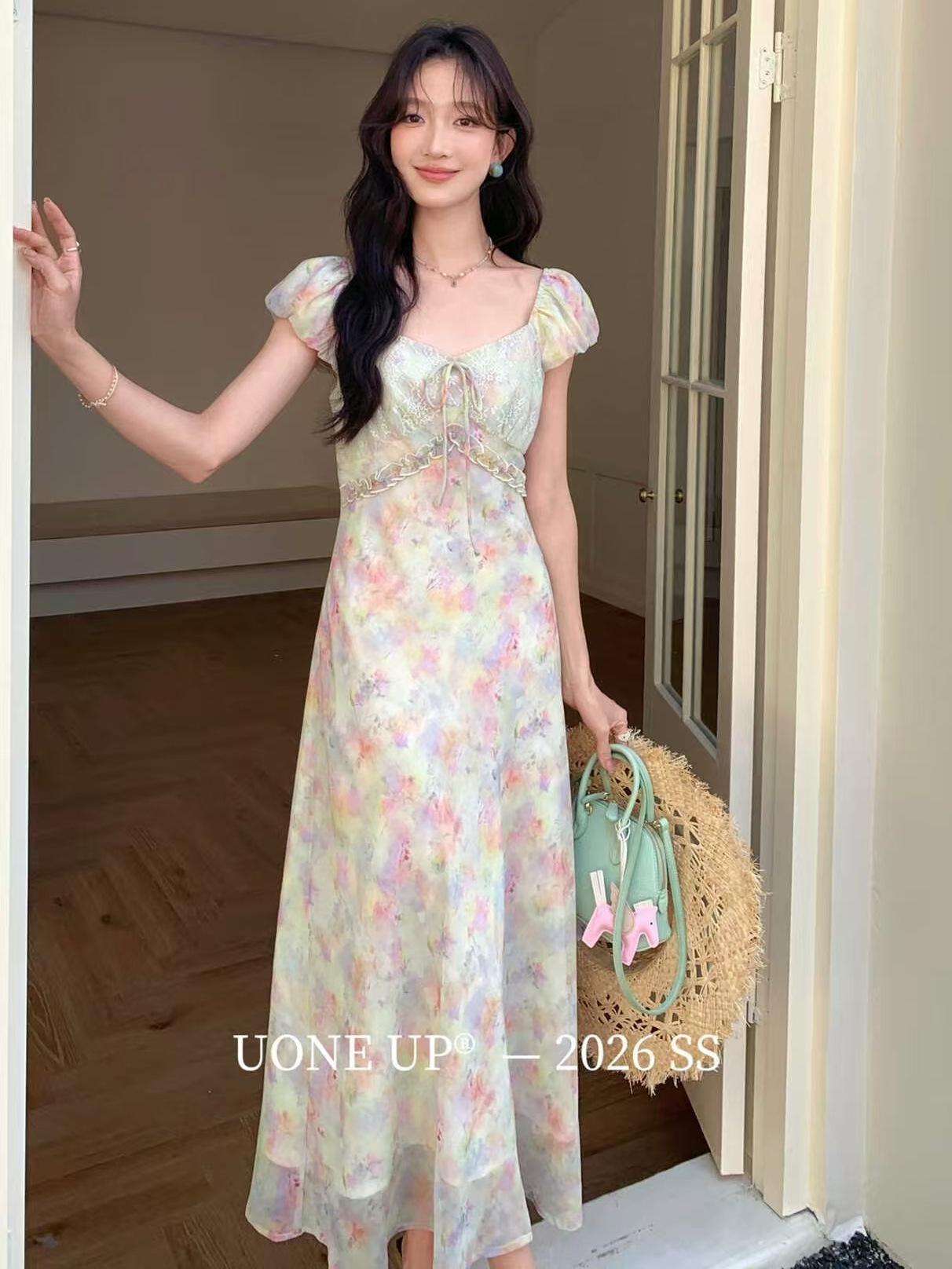 UONE2026 Spring/Summer French Romantic Lace Ruffled Floral Dress Small