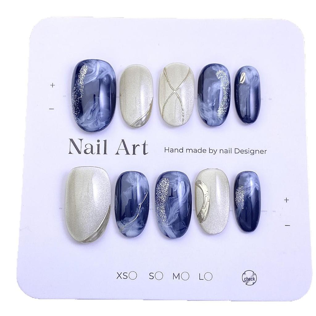 Cloud & Mist Gradient Cat Eye Press-On Nails: Blue Gold Magic Mirror Powder Manicure
