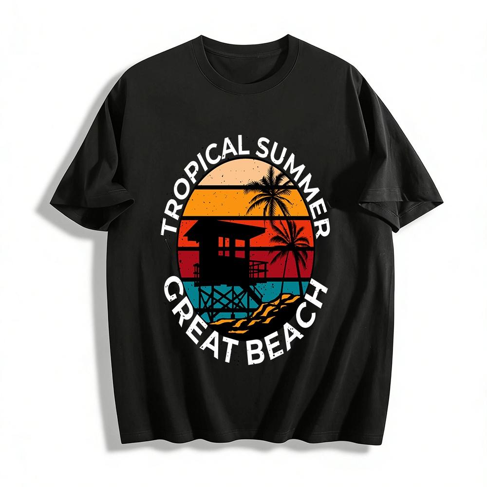 Retro Beach Lifeguard Tower Coconut Tree Graphic Casual Tee Pure cotton T-shirt XXS