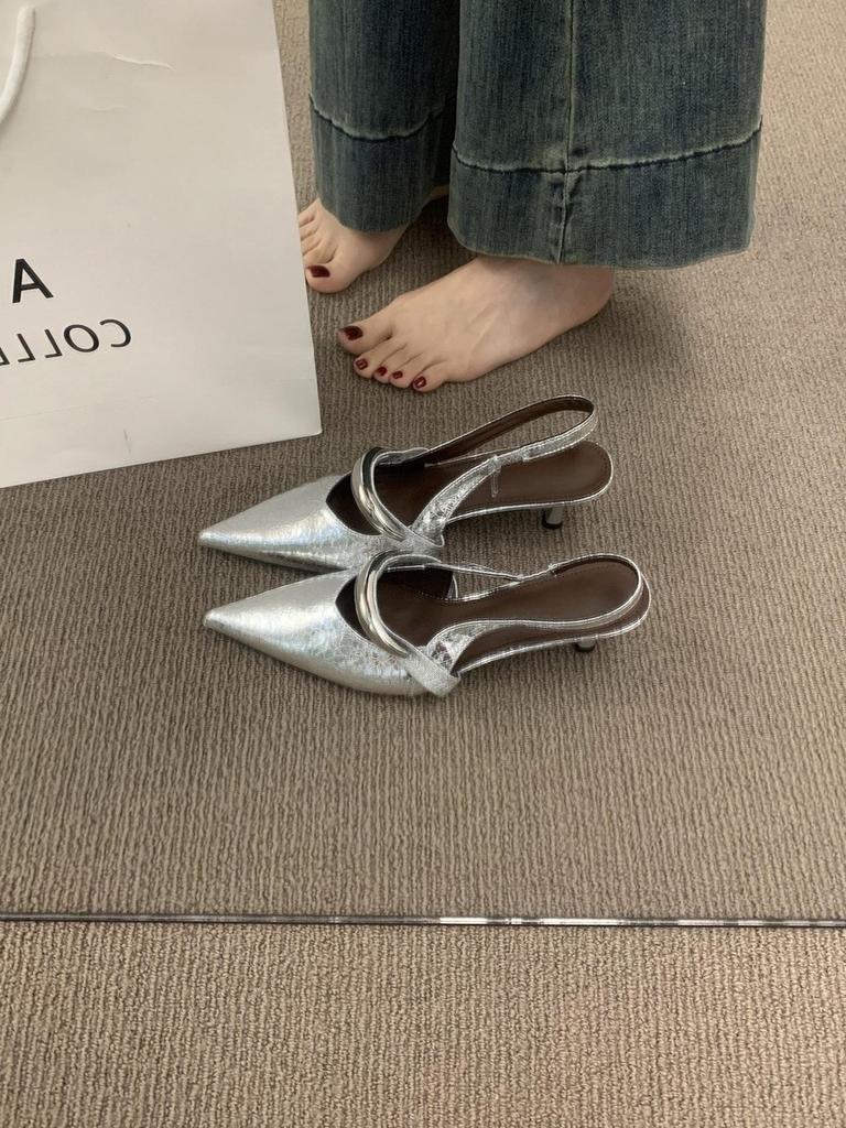 Premium temperament beautiful pointed high heels with bag head sandals women's silver small heels