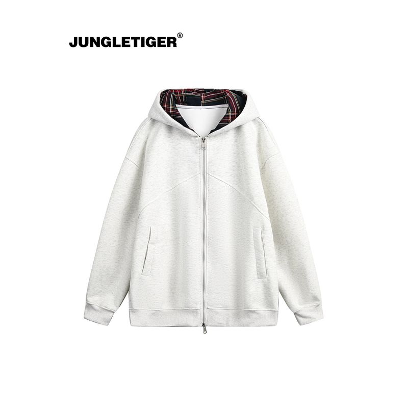 Jungle Tiger Trendy Plaid Patchwork Hooded Sweatshirt for Men and Women, Autumn Vintage Loose Casual Couple Cardigan Jacket