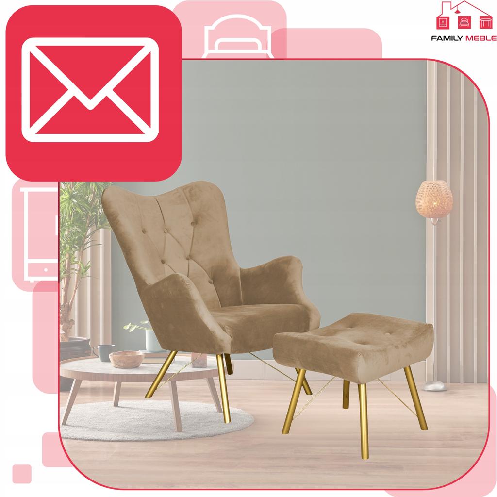 Fotel skandynawski Luna z podnóżkiem pufą guzik Family Meble beżowy kremowy