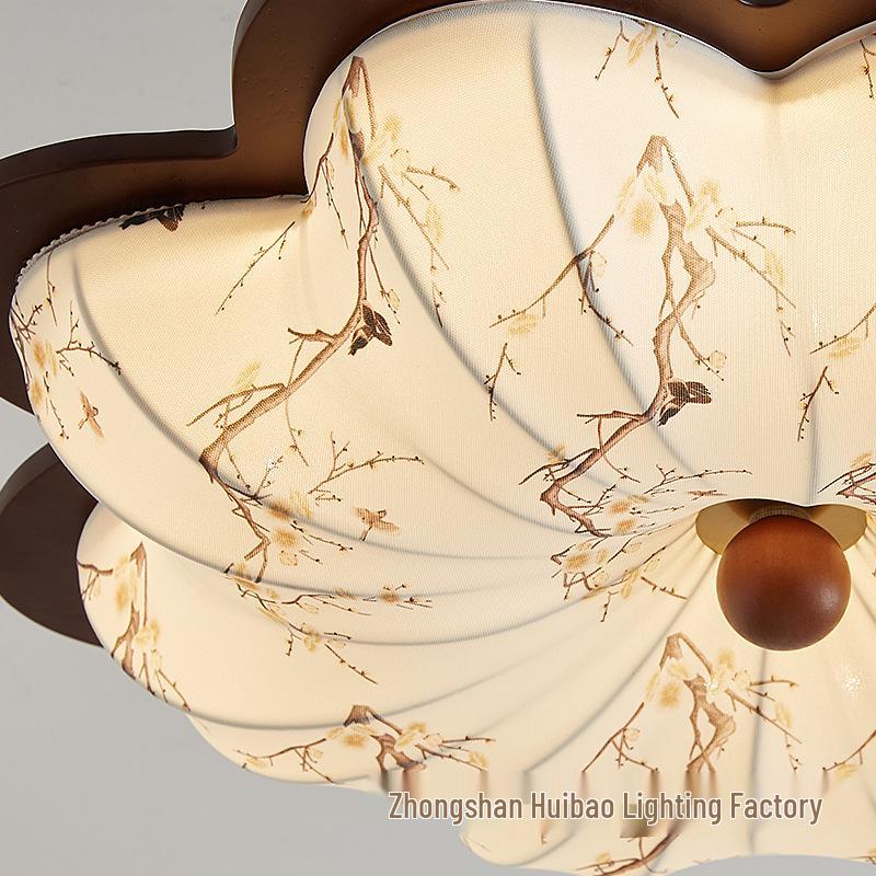 Chinese Song Dynasty Chandelier: Retro Fabric & Walnut Wood Zen Ceiling Light