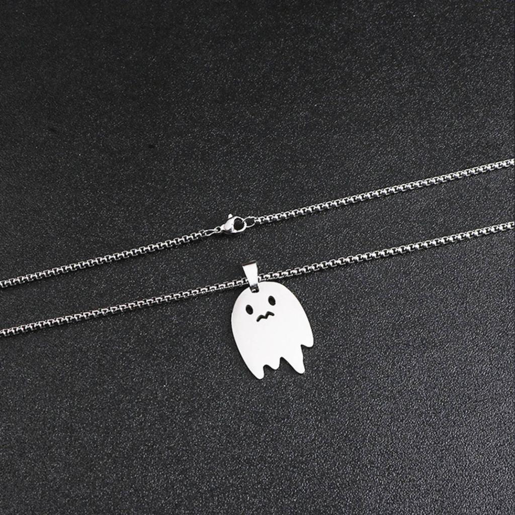 Sad Ghost Pendant Necklace for Women Men Stainless Steel Jewelry Halloween Child's Gift