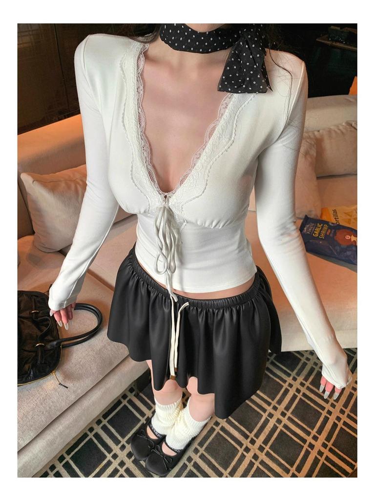 Women's Purple V-Neck Lace Splicing Long-Sleeve Slim Top - Stunning Early Autumn Fashion